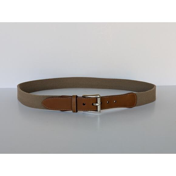 L.L. Bean Mens Khaki Canvas Brown Leather Silver Buckle Stretch Belt - size 38 - Picture 1 of 4